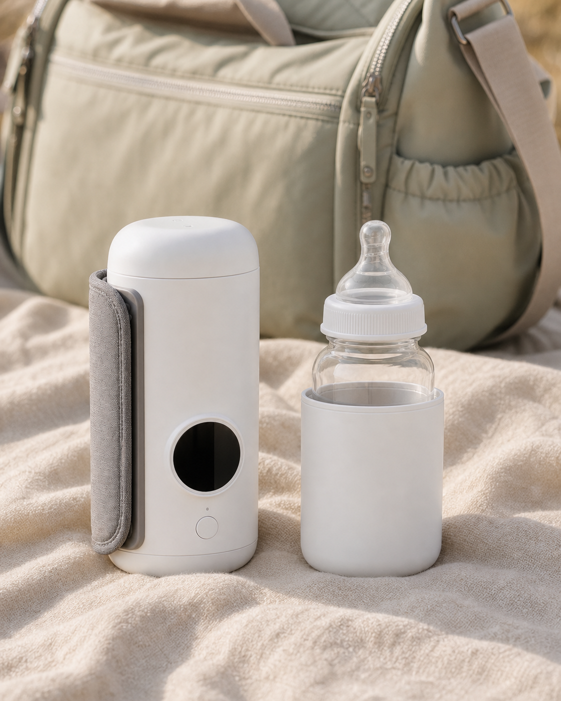 Rechargeable bottle warmer prepared with a bottle for a day out