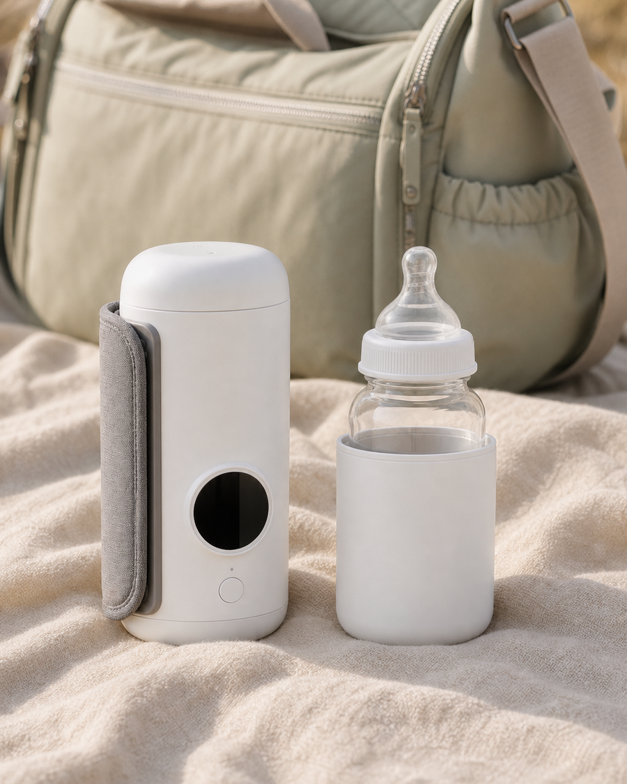 Rechargeable bottle warmer prepared with a bottle for a day out