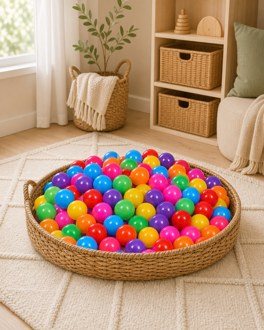 More Joy 105-Piece Play Ball Set in a warm home playroom