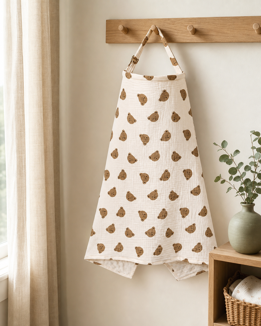 Teddy Bear Breastfeeding Privacy Cover in a calm nursery corner