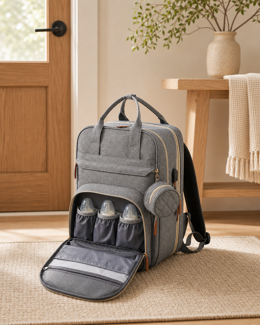 The Day Out Diaper Backpack styled in a warm family home entryway