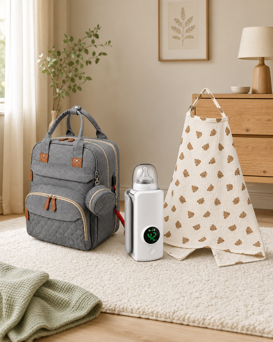The Nurture On-the-Go Feeding Bundle styled in a warm family home