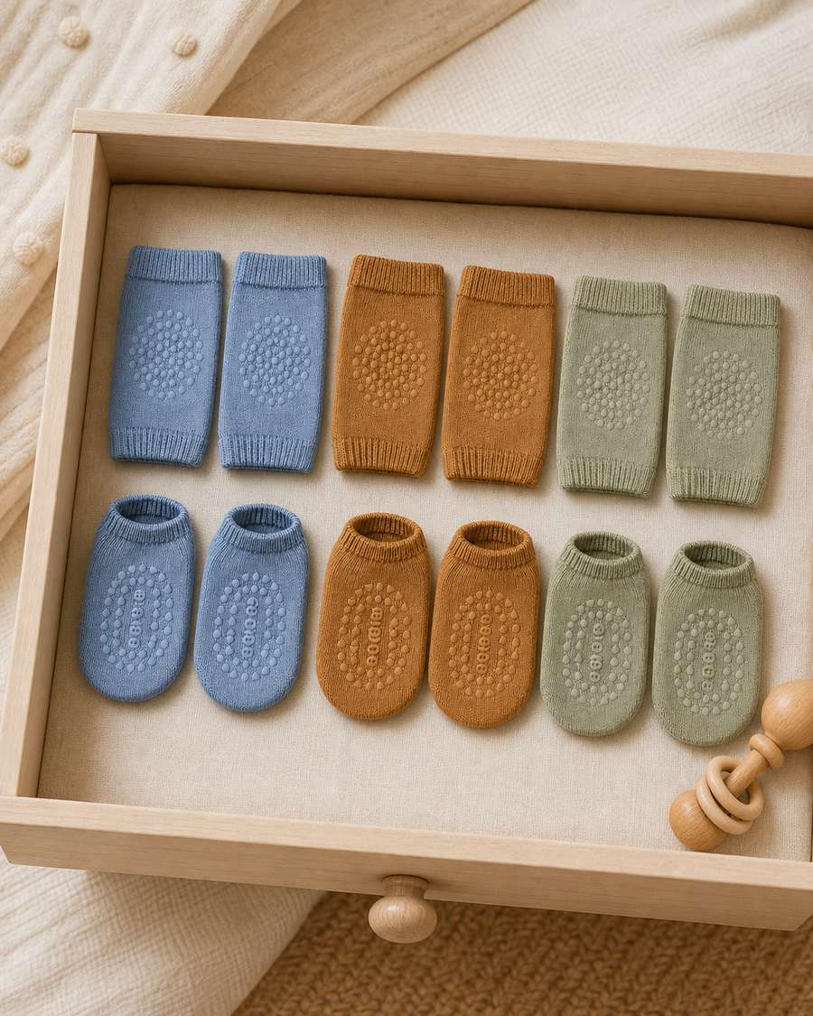 Baby knee pads and grip socks neatly organised in a nursery drawer