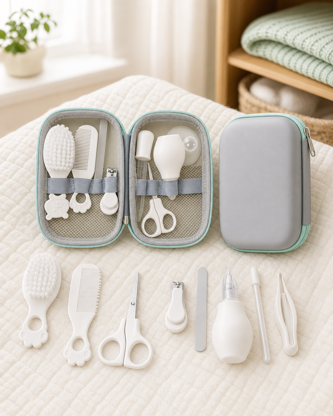 The Little Care Kit with all nine newborn grooming essentials neatly arranged