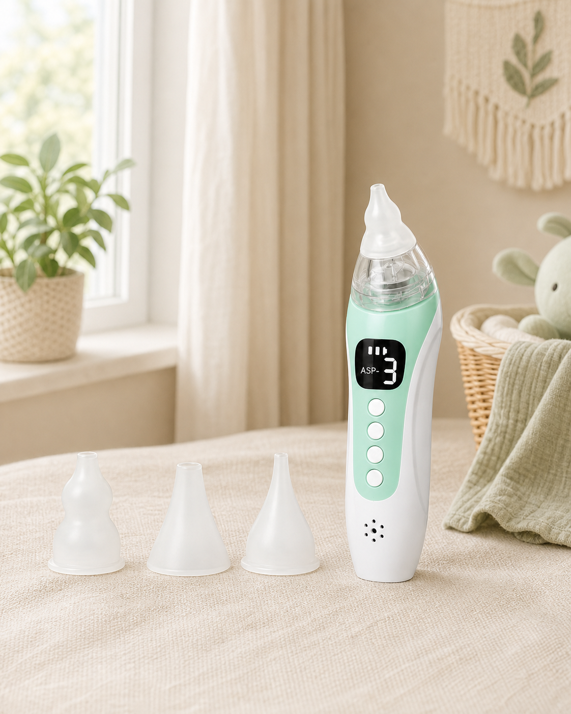 GentleCare electric nasal aspirator and included silicone tips