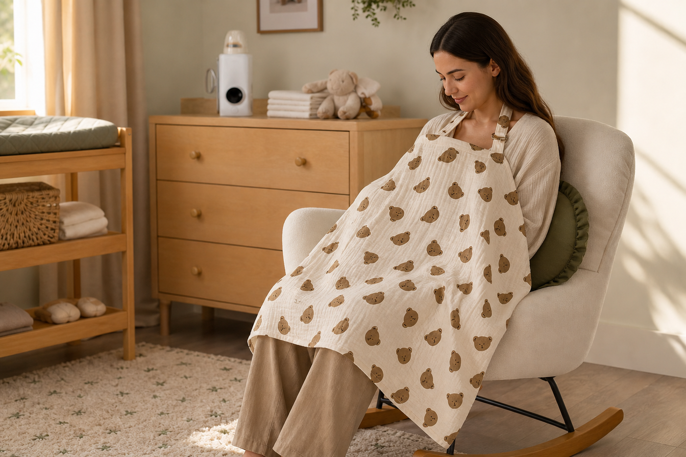 Parent wearing the Teddy Bear Breastfeeding Privacy Cover in a warm nursery