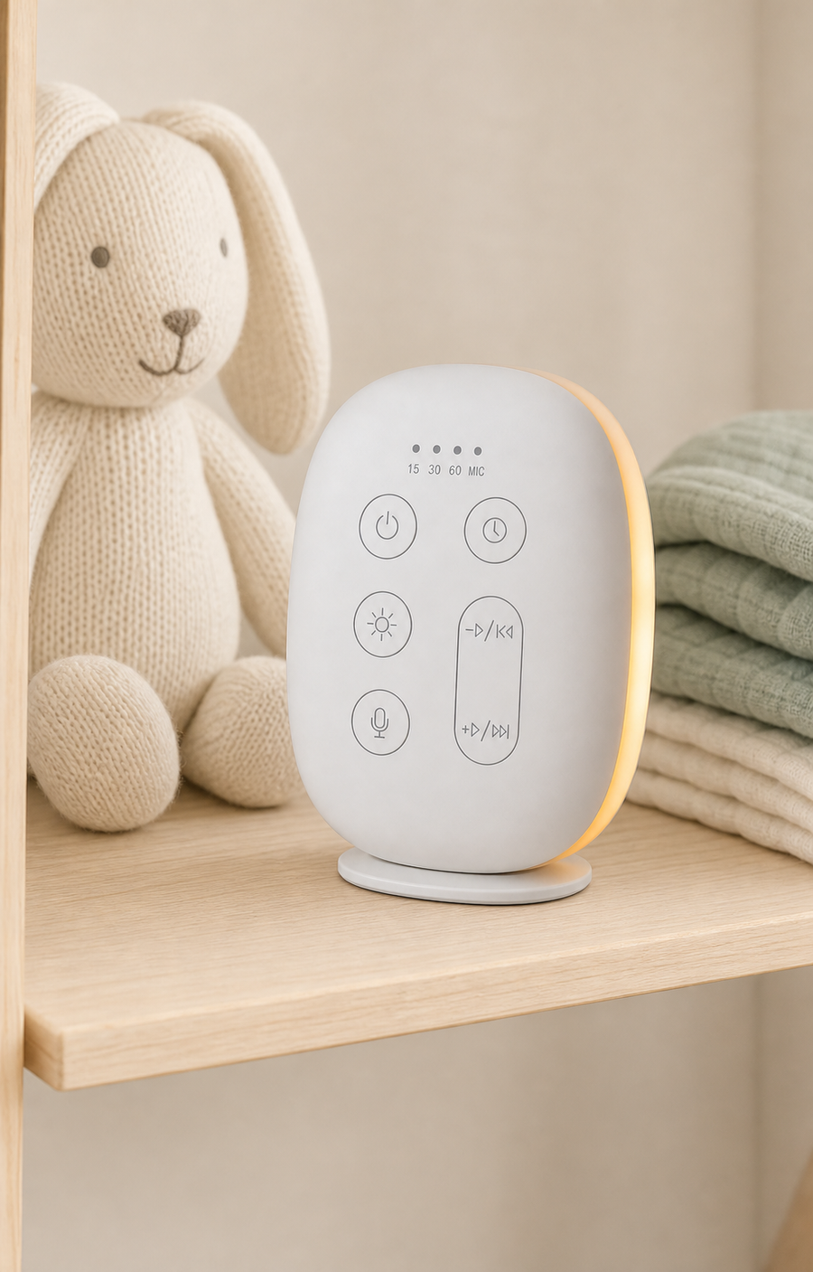 Dreamtime White Noise Soother styled on a nursery shelf